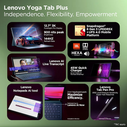 Lenovo Yoga Tab Plus AI Tablet with Pen + Keyboard |12.7" Display, 3K Resolution, 144 Hz Refresh|16GB RAM, 256GB ROM| Snapdragon 8 Gen 3| 10200 mAh|6 Speakers| USB 3.0 with DP-Out|1Year ADP Free|Teal