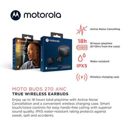 Motorola Moto Buds 270 ANC - True Wireless Bluetooth Earbuds with Microphone and Active Noise Cancellation - IPX5 Water Resistant, Touch Control, Comfort Fit - Includes Micro Charging Case - White (BRAND NEW/SEALED)