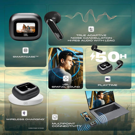 JBL New Launch Live Flex 3 TWS, Hi-Res Audio True ANC Earbuds, Smart Case with Touch Display,50H Playtime,Wireless Charging,6 Mic,Multipoint Connection,Ip55 Proof,Headphones App,Personi-Fi 3.0 (Black)