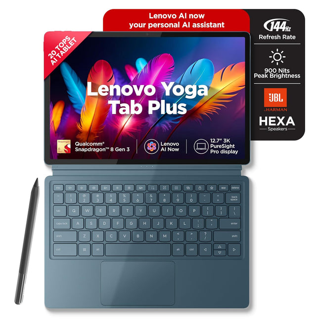Lenovo Yoga Tab Plus Smartchoice AI Tablet with Pen + Keyboard |12.7" Display, 3K Resolution, 144 Hz|16GB RAM, 512GB ROM|Snapdragon 8 Gen 3|10200 mAh|6 Speakers|USB 3.0 with DP-Out|1Year ADP Free|Teal