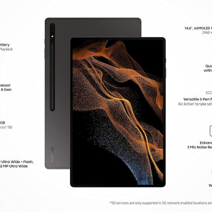 Samsung Galaxy Tab S8 Ultra 37.08 cm (14.6 inch) sAMOLED Display, RAM 12 GB, ROM 256 GB Expandable, S Pen in-Box, Wi-Fi +5G Tablet, Graphite