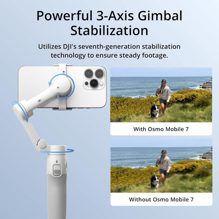 DJI Osmo Mobile 7 Gimbal Stabilizer for iPhone, Android, Built-in Tripod, Ultra-Light, 3-Axis Phone Gimbal,Activetrack 7.0,One-Tap Edit,Phone Charging Vlogging Stabilizer YouTube Video, White
