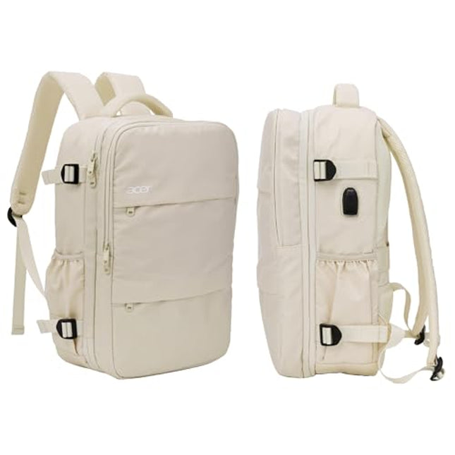 Acer Estilo Premium 15.6 Inch Beige Color Backpack I Water Resistent Polyester I Expandable, 2 Zipper Front Pocket, 2 More Compartment for Laptop and Other Accessories I USB Charging I Strolley Strap - Unboxify
