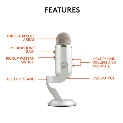 Logitech Blue Yeti USB Microphone for Recording, Streaming, Gaming, Podcasting on PC and Mac, Condenser Mic for Laptop or Computer with Blue VO!CE Effects, Adjustable Stand, Plug and Play - Silver - Unboxify