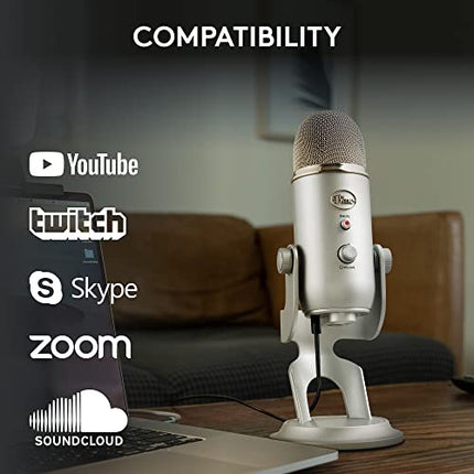 Logitech Blue Yeti USB Microphone for Recording, Streaming, Gaming, Podcasting on PC and Mac, Condenser Mic for Laptop or Computer with Blue VO!CE Effects, Adjustable Stand, Plug and Play - Silver - Unboxify