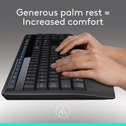 Logitech MK345 Wireless Keyboard and Mouse Set Full-Sized Keyboard with Palm Rest and Comfortable Right-Handed Mouse, 2.4 GHz Wireless USB Receiver, Compatible with PC, Laptop - Black