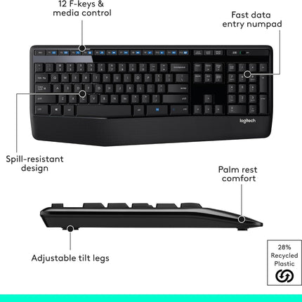 Logitech MK345 Wireless Keyboard and Mouse Set Full-Sized Keyboard with Palm Rest and Comfortable Right-Handed Mouse, 2.4 GHz Wireless USB Receiver, Compatible with PC, Laptop - Black