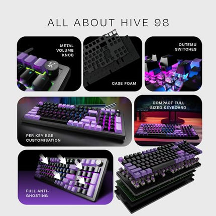 Kreo Hive 98 Wired RGB Mechanical Gaming Keyboard | Full Size 98 Keys, Metal Volume Knob, Per-Key RGB, Hot-Swappable Switches (Black-Purple, Brown) - Unboxify