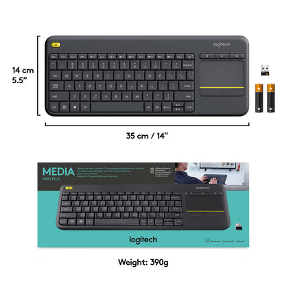 Logitech K400 Plus Wireless Touch TV Keyboard with Easy Media Control and Built-in Touchpad, HTPC Keyboard for PC-Connected TV, Windows, Android, Chrome OS, Laptop, Tablet - Black