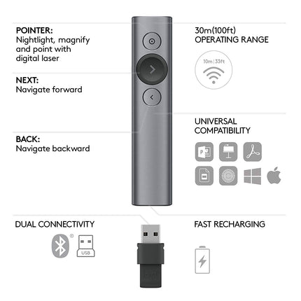 Logitech Spotlight Presentation Remote - Universal Wireless Presentation Clicker with Laser Pointer, Advanced Digital Highlighting, Bluetooth, 30 m Range and Quick Charging - Slate - Unboxify