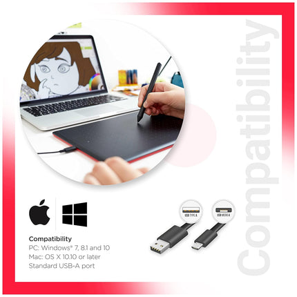 One by Wacom CTL-472/K0-CX Digital Drawing Graphics Pen Tablet (Red & Black) Small (6-inch x 3.5-inch)(15x8cm) | Battery Free Cordless Pen with 2048 Pressure Level - Unboxify