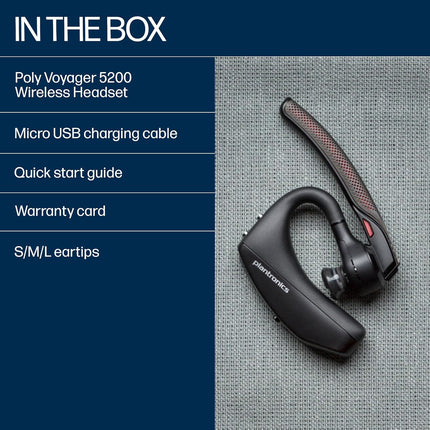 POLY Voyager 5200 Wireless Headset,Single-Ear W/Noise-Canceling Mic,Lightweight Only 20G,Connect to Mobile/Tablet Via Bluetooth,Sweatproof,Up to 7 Hours Talk Time,1-Year Warranty,Black,7S431Aa-In Ear