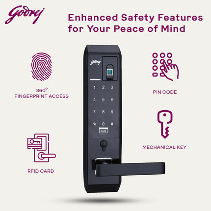 Godrej Smart Lock I Advantis Revolution Digital Lock for Wooden Door |for Main Door | 4 in 1 Access | Pin Access | Fingerprint | RFID Card | Mechanical Key | Black | 3Yrs Warranty - Unboxify