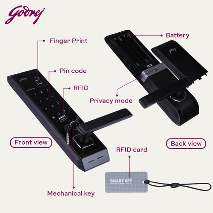 Godrej Smart Lock I Advantis Revolution Digital Lock for Wooden Door |for Main Door | 4 in 1 Access | Pin Access | Fingerprint | RFID Card | Mechanical Key | Black | 3Yrs Warranty - Unboxify