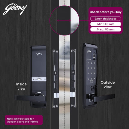 Godrej Smart Lock I Advantis Revolution Digital Lock for Wooden Door |for Main Door | 4 in 1 Access | Pin Access | Fingerprint | RFID Card | Mechanical Key | Black | 3Yrs Warranty - Unboxify