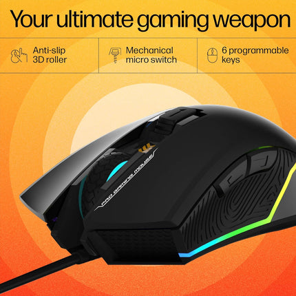 HP G360 RGB Backlighting USB Wired Gaming Mouse with 6 Programmable Buttons, Customizable 6200 DPI, Ergonomic Design, Non-Slip 3D Roller/ 3 Years Warranty (4QM92AA) - Unboxify