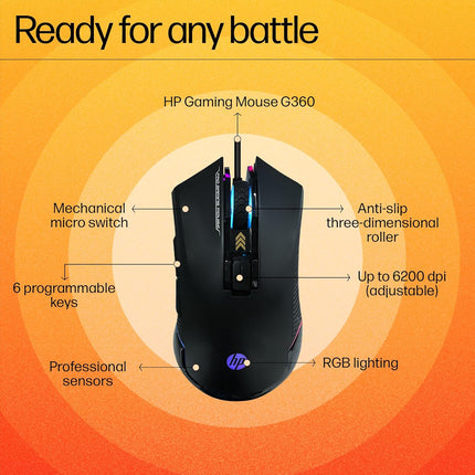 HP G360 RGB Backlighting USB Wired Gaming Mouse with 6 Programmable Buttons, Customizable 6200 DPI, Ergonomic Design, Non-Slip 3D Roller/ 3 Years Warranty (4QM92AA) - Unboxify