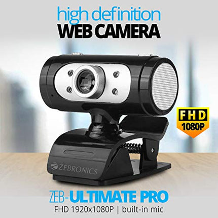 Zebronics Zeb-Ultimate Pro (Full HD) 1080p/30fps Webcam with 5P Lens, Built-in Mic, Auto White Balance, Night Vision, Manual Switch for LED (Black) - Unboxify