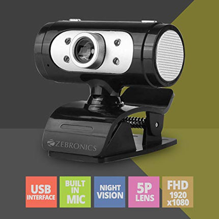 Zebronics Zeb-Ultimate Pro (Full HD) 1080p/30fps Webcam with 5P Lens, Built-in Mic, Auto White Balance, Night Vision, Manual Switch for LED (Black) - Unboxify