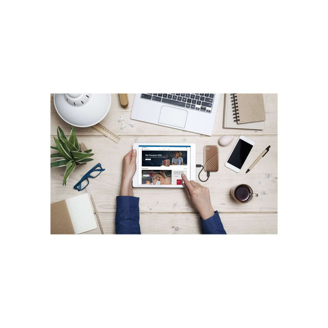 WD Western Digital 2TB My Passport Portable SSD, 1050MB/s R, 1000MB/s W, Upto 2 Meter Drop Protection, HW Encryption, Type-C Cable & Type-A Adaptor, for PC&Mac, Gold, 5Y Warranty, External SSD