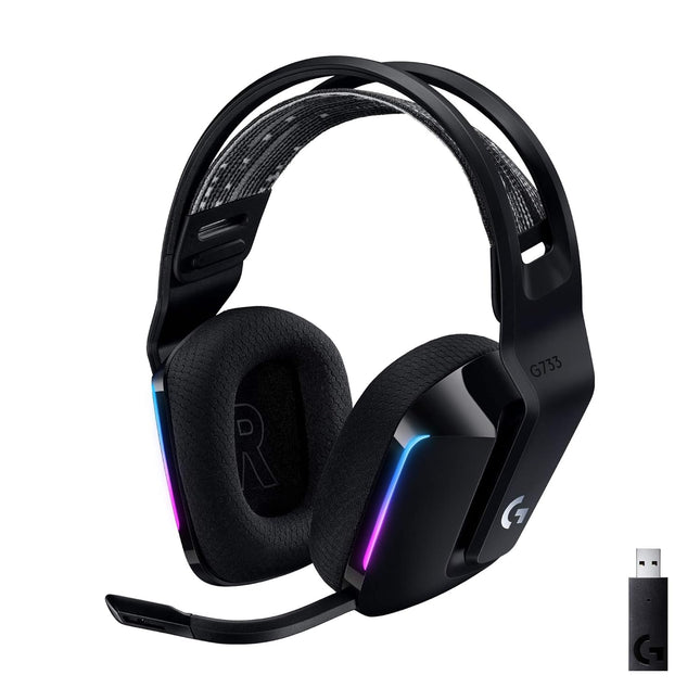 Logitech G 733 Lightspeed Over Ear Wireless Gaming Headset with Suspension Headband, LIGHTSYNC RGB, Blue VO!CE Mic Technology and PRO-G Audio Drivers - Black