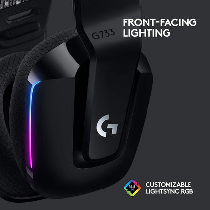 Logitech G 733 Lightspeed Over Ear Wireless Gaming Headset with Suspension Headband, LIGHTSYNC RGB, Blue VO!CE Mic Technology and PRO-G Audio Drivers - Black