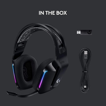 Logitech G 733 Lightspeed Over Ear Wireless Gaming Headset with Suspension Headband, LIGHTSYNC RGB, Blue VO!CE Mic Technology and PRO-G Audio Drivers - Black
