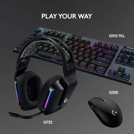 Logitech G 733 Lightspeed Over Ear Wireless Gaming Headset with Suspension Headband, LIGHTSYNC RGB, Blue VO!CE Mic Technology and PRO-G Audio Drivers - Black