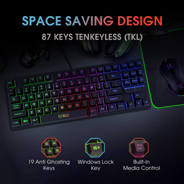 EvoFox X-Team Fireblade Gaming Keyboard Combo with Space-Saving TKL Design, Breathing LED Effects, Anti-ghosting Keys and 6 Button Mouse with up to 3200 DPI Setting (Wired, Black)