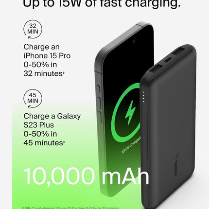Belkin 10000 mAh Power Bank | Super Fast Charging | USB-C PD Port | 15W Charging for iPhone Series (16, 16 Pro Max), Samsung Galaxy, Google Pixel & More | 2 Years Warranty | Black - Unboxify