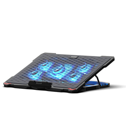 EvoFox Typhoon Laptop Cooling Pad with 5 Adjustable Speed Fans, 4 Angle Stand, Hexa Mesh Metal Surface, Funky Blue LED Lights, Dual USB Ports & Braided Cable – Fits All Laptop Sizes