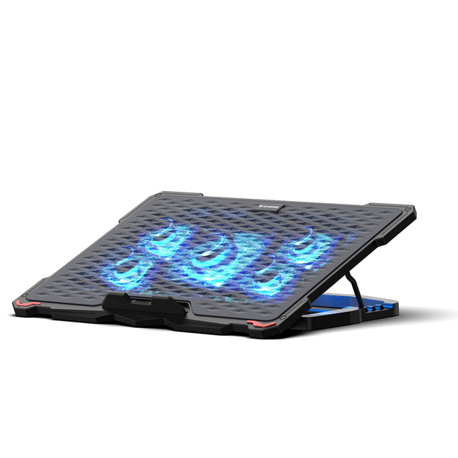 EvoFox Typhoon Laptop Cooling Pad with 5 Adjustable Speed Fans, 4 Angle Stand, Hexa Mesh Metal Surface, Funky Blue LED Lights, Dual USB Ports & Braided Cable – Fits All Laptop Sizes