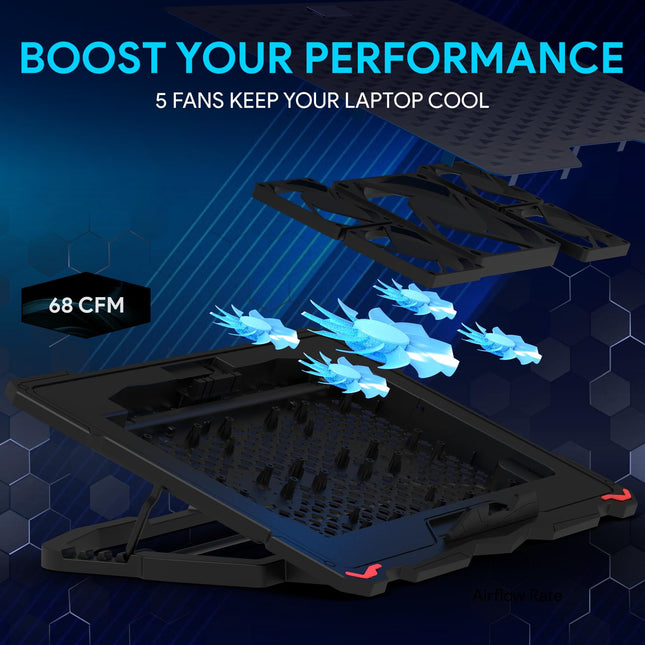 EvoFox Typhoon Laptop Cooling Pad with 5 Adjustable Speed Fans, 4 Angle Stand, Hexa Mesh Metal Surface, Funky Blue LED Lights, Dual USB Ports & Braided Cable – Fits All Laptop Sizes