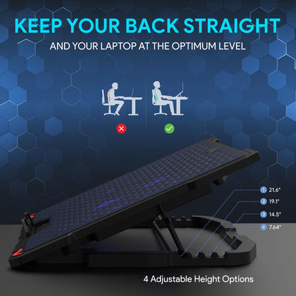 EvoFox Typhoon Laptop Cooling Pad with 5 Adjustable Speed Fans, 4 Angle Stand, Hexa Mesh Metal Surface, Funky Blue LED Lights, Dual USB Ports & Braided Cable – Fits All Laptop Sizes