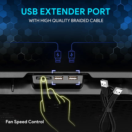 EvoFox Typhoon Laptop Cooling Pad with 5 Adjustable Speed Fans, 4 Angle Stand, Hexa Mesh Metal Surface, Funky Blue LED Lights, Dual USB Ports & Braided Cable – Fits All Laptop Sizes