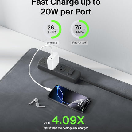 Belkin 40W (20W + 20W) Two Ports USB -C PD Wall Charger | Fast Charging for iPhone 17, Air, Pro, Pro Max, Samsung Galaxy S25, Google Pixel 10, iPad, AirPods, & More | 2 Years Warranty, White - Unboxify