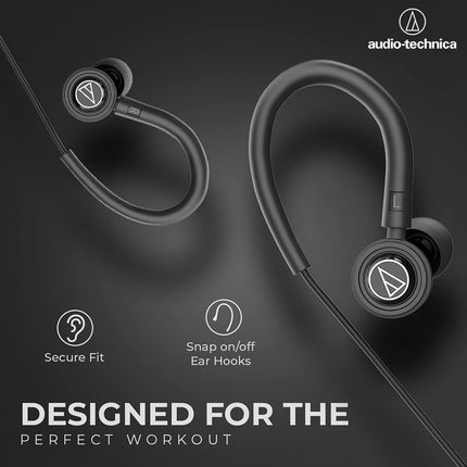 Audio-Technica Sonic Sport in-Ear Wired Earphones with Snap On/Off Ear Hooks, in-line Mic & Control, 8.5mm Powerful Drivers for Clear Sound & Rich Bass, Sound Isolation & Comfort Fit