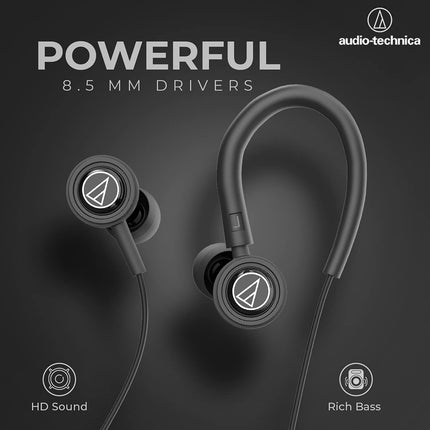 Audio-Technica Sonic Sport in-Ear Wired Earphones with Snap On/Off Ear Hooks, in-line Mic & Control, 8.5mm Powerful Drivers for Clear Sound & Rich Bass, Sound Isolation & Comfort Fit