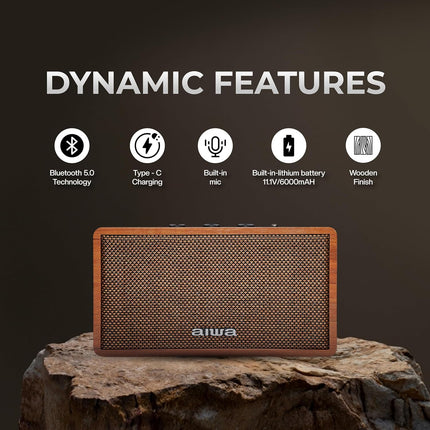 Aiwa Bluetooth Speaker with Powerful Bass, Built-in Microphone, Portable Speaker with 10+ Hours Play Time, Type-C Charging, 80W Speaker, TWS Dual-Link Technology | MI-X150 Retro Plus X (Brown)