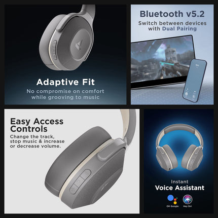 Boat Rockerz 425, ENx Tech, ASAP Charge, 25H Battery, Dual Pair, Stream Ad Free Music via App Support, Bluetooth Headphones, Wireless Over Ear Headphone with Mic (Ash Grey) - Unboxify