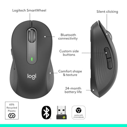 Logitech Signature M650 L Full Size Wireless Mouse - for Large Sized Hands, 2-Year Battery, Silent Clicks, Customisable Side Buttons, Bluetooth - Graphite
