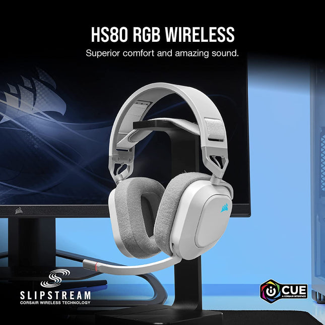 Corsair HS80 RGB Wireless Premium Gaming Headset with Dolby Atmos Audio (Low-Latency, Omni-Directional Microphone, 60ft Range, Up to 20 Hours Battery Life, PS5/PS4 Wireless Compatibility) White
