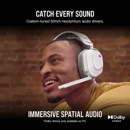 Corsair HS80 RGB Wireless Premium Gaming Headset with Dolby Atmos Audio (Low-Latency, Omni-Directional Microphone, 60ft Range, Up to 20 Hours Battery Life, PS5/PS4 Wireless Compatibility) White