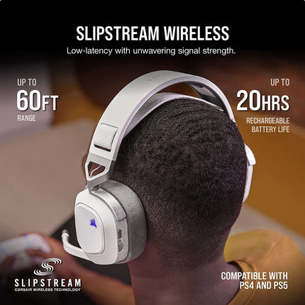 Corsair HS80 RGB Wireless Premium Gaming Headset with Dolby Atmos Audio (Low-Latency, Omni-Directional Microphone, 60ft Range, Up to 20 Hours Battery Life, PS5/PS4 Wireless Compatibility) White