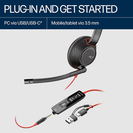 Poly (Plantronics) Blackwire 5220 Stereo Headset, Over-Ear w/Noise-canceling mic, 164g, Connect to Mobile/Tablet via 3.5 mm and PC via USB-C/A, Dynamic EQ, Hi-Fi Stereo, Black, 7S4B3AA
