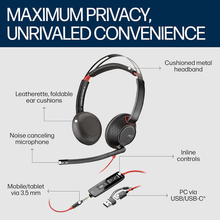 Poly (Plantronics) Blackwire 5220 Stereo Headset, Over-Ear w/Noise-canceling mic, 164g, Connect to Mobile/Tablet via 3.5 mm and PC via USB-C/A, Dynamic EQ, Hi-Fi Stereo, Black, 7S4B3AA