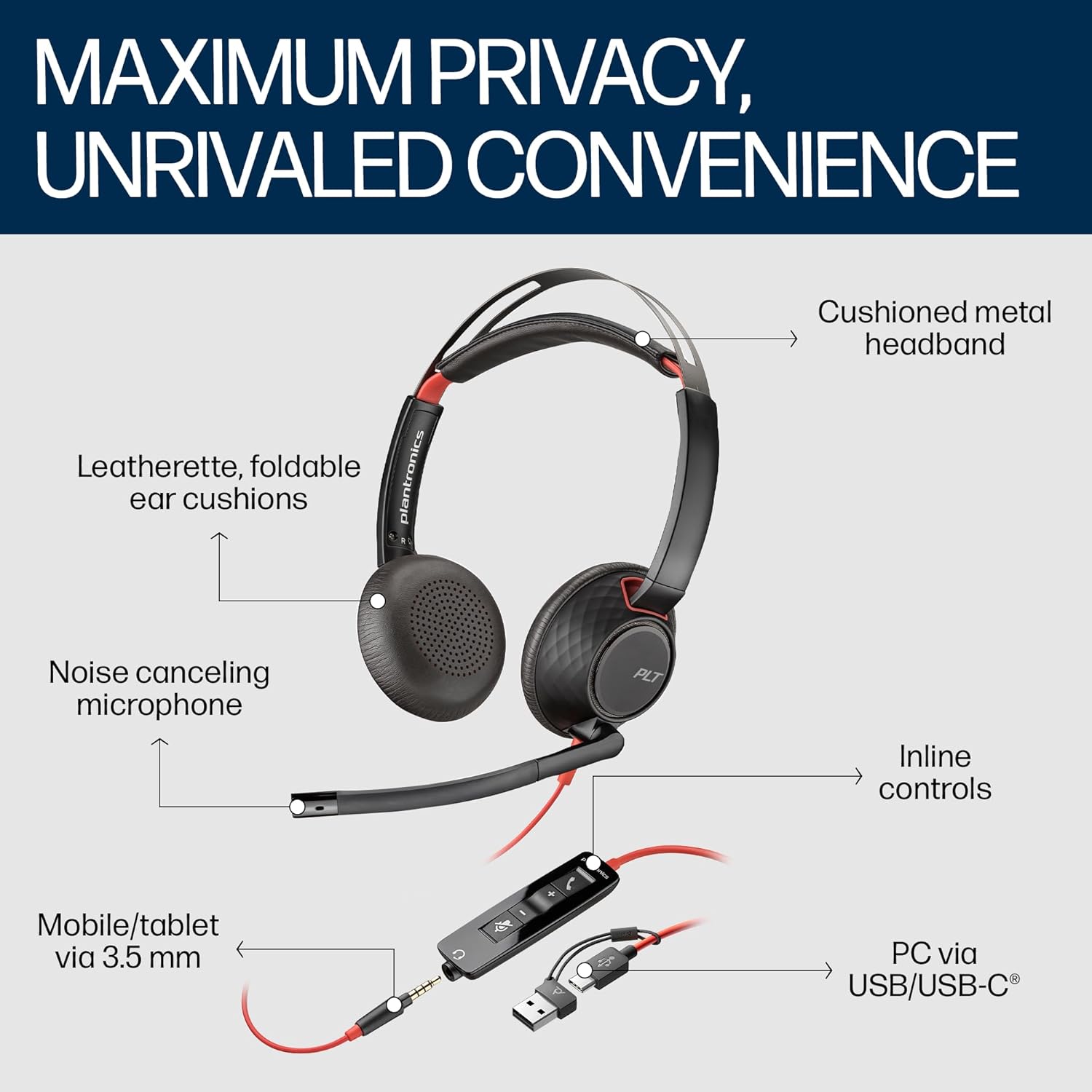 Poly (Plantronics) Blackwire 5220 Stereo Headset, Over-Ear w/Noise