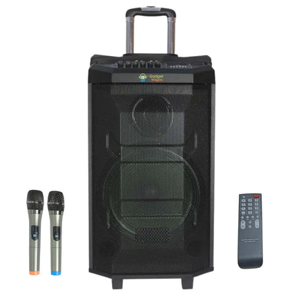 Gadget Wagon Karaoke Speaker Trolley 12 Inch Woofer Portable Multimedia Bluetooth; Audio Recording; USB; SD; TF; AUX PA System with 2 Wireless UHF Mic; Remote Control; FM (Black)