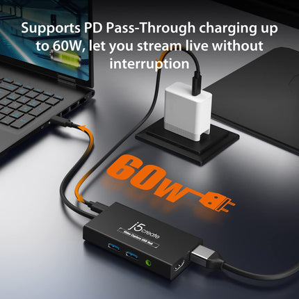 j5create Video Capture Card with PD 60W Pass-Through Charging, Built-in Multi-Function hub, Suitable for Streaming, Live Broadcasting, Video Conference, Teaching, Gaming (JVA01) - Unboxify