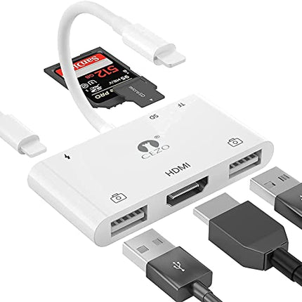 CEZO MFI Certified Dual USB Camera Adapter/Digital AV Adapter HDMI 1080P / SD Card Reader 6 in 1 OTG for iPhone iPad, Support MIDI Keyboard, Mouse, HD TV/Projector/Monitor, Plug and Play - Unboxify